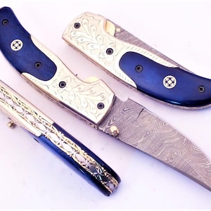 Personalized Custom Damascus Steel Folding Knife Pocket Knife Handle Made with Bone and Brass Best Gift with for Father&#39;s Leather Sheath