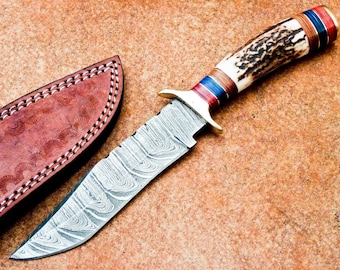 Handmade Damascus Steel Hunting Knife, Stag Antler Handle, W leather Cover Handle Clip shape could be different than in the Pics