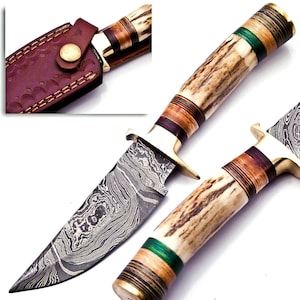 Personalized 8-inch Damascus Steel Hunting knife Handle Stag Antler W leather Cover Handle Clip shape could be different than in the Pics