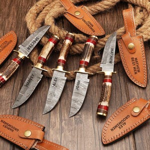Personalized Set of 8-inch Damascus Steel Hunting knife Handle Stag Antler W leather Cover Handle shape could be different than in the Pics