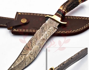Personalized Damascus Steel Hunting Knife, Stag Antler Handle W leather Cover Handle Clip shape could be different than in the Pics