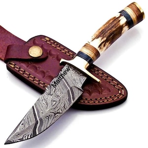 Personalized 8-inch Damascus Steel Hunting knife Handle Stag Antler W leather Cover Handle Clip shape could be different than in the Pics