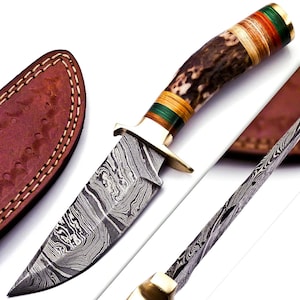 Personalized 8-inch Damascus Steel Hunting knife Handle Stag Antler W leather Cover Handle Clip shape could be different than in the Pics