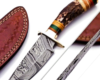 Personalized Damascus Steel Hunting Knife, Stag Antler Handle W leather Cover Handle Clip shape could be different than in the Pics