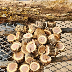May include: A pile of round wooden slices with natural wood grain and a reddish-brown hue. The slices are arranged on a metal grid surface.