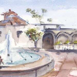 May include: Watercolor painting of a public square with a fountain and a building with arched doorways. The fountain has a circular basin, and figures are visible near the fountain. The building has a tiled roof and a light-colored facade.