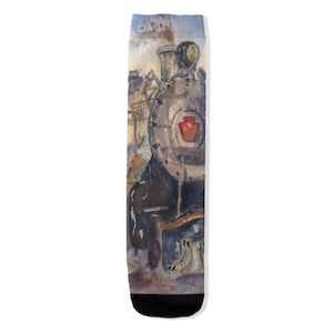 May include: Socks featuring a watercolor painting of a vintage steam train. The train is depicted in shades of gray, brown, and yellow, with a red emblem on the front. The socks have a black toe and heel.