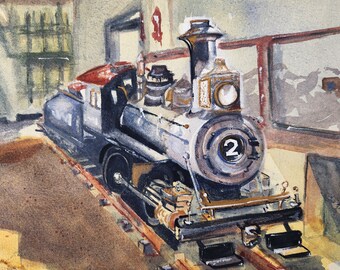 May include: A vintage steam locomotive with a red cab and a silver boiler. The locomotive is on a track with wooden ties and is in a warehouse setting. The locomotive has a number "2" on the side.