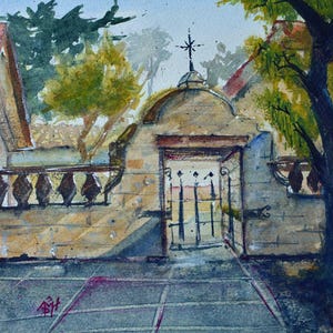 May include: A watercolour painting depicting a stone building with a gated entrance. The gate is open and there is a cross on top of the building. The building is surrounded by trees and bushes.