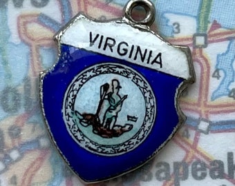 USA - Virginia - State Seal - Vintage Enamel Souvenir Travel Shield Bracelet Charm - Silver