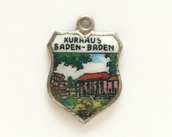 Kurhaus Baden - Baden Germany - Vintage Enamel Souvenir Travel Shield Crest Bracelet Charm - 800 Silver