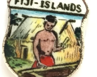 Fiji Islands - Vintage Enamel Souvenir Travel Shield Bracelet Crest Charm - Silver Plated
