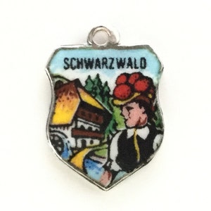 Schwarzwald Germany - Vintage Enamel Souvenir Travel Shield Bracelet Charm - 800 Silver