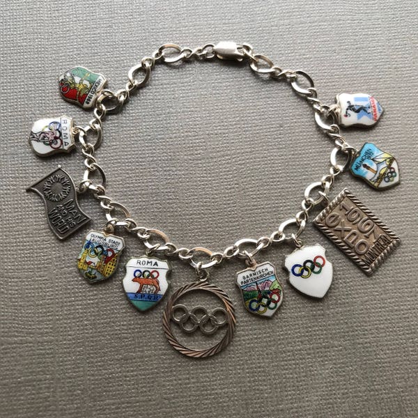 Olympics - 60's-70's Vintage Silver Enamel Travel Shield Charm Bracelet - 11 Charms Mexico 1968, Roma, Garmisch, Augsburg, Munich 1972