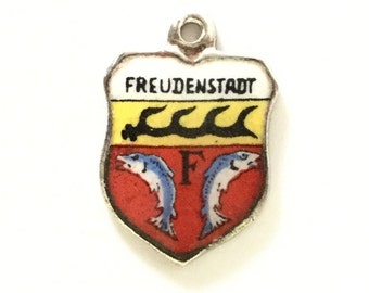 Freudenstadt Germany - Vintage Enamel Souvenir Travel Shield Bracelet Charm - 800 Silver