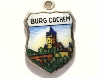 Burg Cochem Germany - Vintage Enamel Souvenir Travel Shield Bracelet Charm - 800 Silver