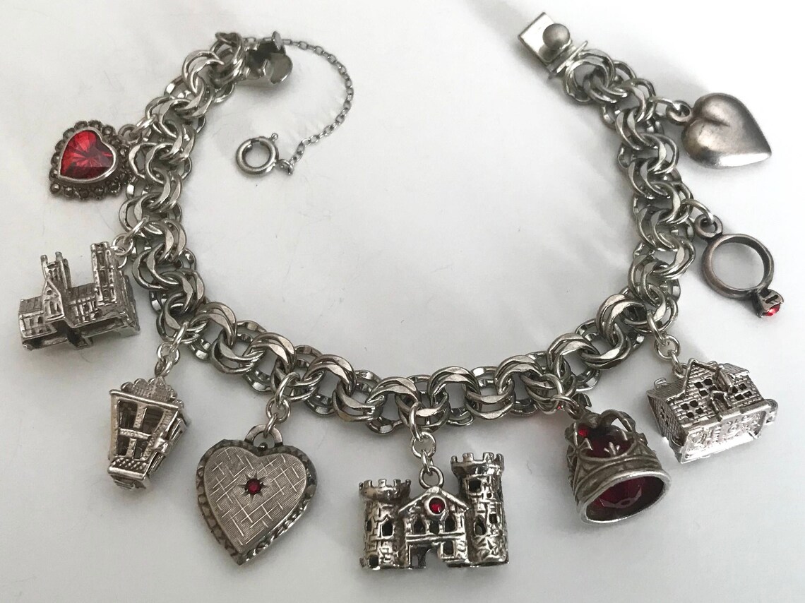 Vintage Silver Love London England UK Charm Bracelet. Red gems Etsy