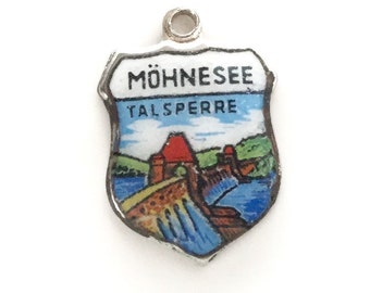 Mohnesee Germany - Vintage Enamel Souvenir Travel Shield Bracelet Charm - 800 Silver