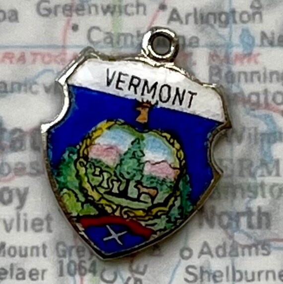 USA - Vermont - State Seal - Vintage Enamel Souvenir Travel Shield Bracelet Charm - Silver