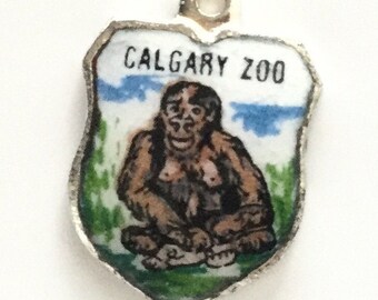 Gorilla Vintage Silver Enamel Charm Calgary Zoo Canada Souvenir Travel Shield Bracelet Crest Charm - Sterling Silver