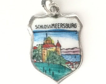 Schloss Meersburg, Germany - Vintage Enamel Souvenir Travel Shield Bracelet Charm - 800 Silver