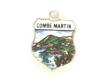 Combe Martin - England - Vintage Enamel Souvenir Travel Shield Crest Bracelet Charm - 925 Sterling Silver