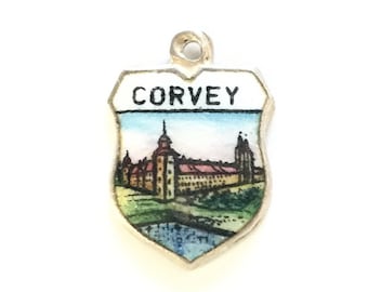 Corvey - Germany - Vintage Enamel Souvenir Travel Shield Crest Bracelet Charm - 800 Silver