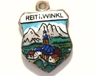 Reit im Winkl Germany - Vintage Enamel Souvenir Travel Shield Bracelet Charm - 800 Silver