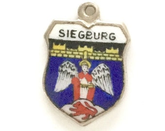 Siegbrug Germany - Vintage Enamel Souvenir Travel Shield Crest Bracelet Charm - 800 Silver