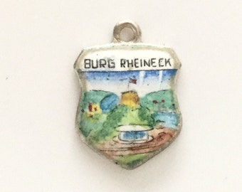 Burg Rheineck Germany - Vintage Enamel Souvenir Travel Shield Crest Bracelet Charm - 800 Silver