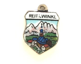 Reit im Winkl - Germany - Vintage Enamel Souvenir Travel Shield Crest Bracelet Charm - 800 Silver