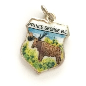 Moose  - Vintage Silver Enamel - Prince George - Canada Souvenir Travel Shield Bracelet Crest Charm - Silver Plated
