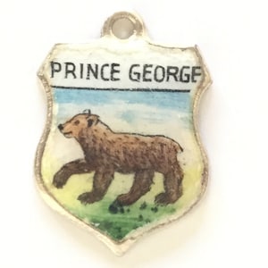 Bear - Vintage Silver Enamel - Prince George Canada - Souvenir Travel Shield Bracelet Crest Charm - Silver Plated
