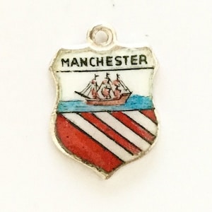 Manchester England - Vintage Enamel Souvenir Travel Shield Bracelet Charm - 925 Silver