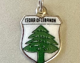 Lebanon - Cedar of Lebanon Tree - Vintage Enamel Souvenir Travel Shield Flag Bracelet Charm - Sil Plate