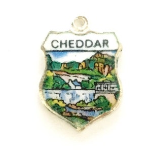 Cheddar England - Vintage Enamel Souvenir Travel Shield Bracelet Charm - 925 Sterling Silver