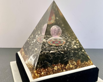 3.5" Orgonite Pyramid with Amethyst Ball, Black Obsidian and Gold Leaf, Handmade Natural Crystal Resin Decor, Healing Crystal Pyramid Gifts