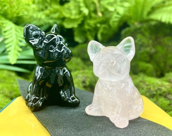 Natuurlijke rozenkwarts Obsidiaan Bulldog-beeldjes, handgesneden kristallen hondensculpturen voor bureaudecor, kristallen dierenstandbeelden voor hondenliefhebbers