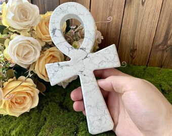 Natural Howlite Ankh Cross, Egyptian Key of Life Symbol, Spiritual Protection Altar Piece Meditation Healing Crystal Pagan Witchcraft Supply