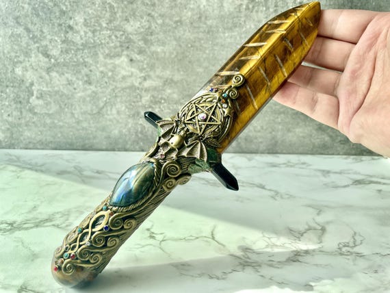 クリスタル儀式用ナイフ、手作りタイガーアイブレードムーンストーン