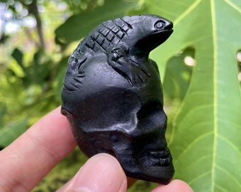 2.5" Obsidian Skull and Lizard Sculptures, Natural Crystal Carving Figurines, Metaphysical Crystal Animals, Home Decor, Gifts for Him