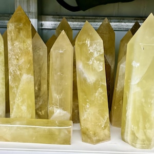 Könnte beinhalten: Eine Sammlung gelber Calcit-Kristalltürme und ein rechteckiger Block. Die Kristalle haben ein durchscheinendes Aussehen mit Farbvariationen. Die Kristalle sind auf einem weißen Regal angeordnet und zeigen ihre natürliche Schönheit.
