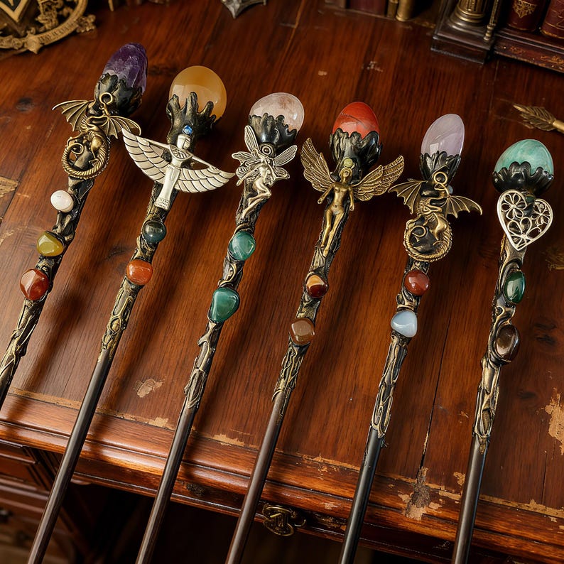 K&ouml;nnte beinhalten: Eine Sammlung von sechs verzierten Fantasy-Zauberst&auml;ben. Jeder Zauberstab hat einen dunklen Holzschaft, verziert mit dekorativen Metallarbeiten und farbigen Edelsteinen. Die Spitzen sind mit verschiedenen Kristallkugeln und detaillierten Figuren verziert, darunter Drachen, Feen und ein Engel.