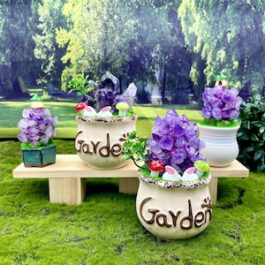 Puede incluir: Tres pequeñas macetas de cerámica con la palabra "Jardín" en la parte delantera, cada una contiene un grupo de cristales de amatista púrpura. Las macetas están dispuestas en un estante de madera.