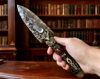 宝石付き手作り黒曜石アタメ、天然黒曜石ナイフ、儀式用ナイフ、魔術用クリスタルダガー、男性への手作りナイフギフト