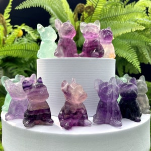 1.6&quot; Natural Fluorite Bulldog Sculptures, Hand Carved Crystal Figurines, Crystal Carving for Desk Decor, Crystal Gifts for Dog Lovers