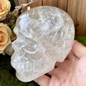 Natural Clear Quartz Crystal Skull Carving, Handcrafted Gemstone Skull, Metaphysical Healing Spiritual Protection Altar Decor Energy Stones