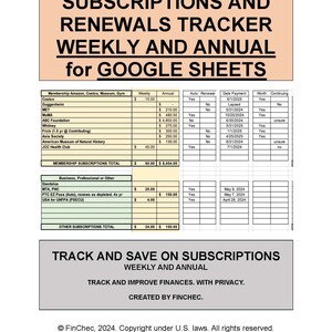 Subscription and Renewals Tracker - Weekly & Annual, Google Sheets Format