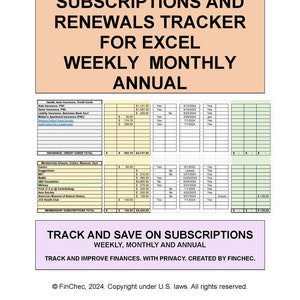 May include: A spreadsheet template for tracking subscriptions and renewals. The template is designed for use in Microsoft Excel and includes sections for health insurance, auto insurance, credit cards, memberships, and other subscriptions. The template also includes columns for the subscription name, cost, renewal date, and whether the subscription is active or inactive.