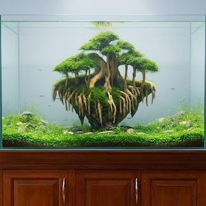 May include: A rectangular glass aquarium with a miniature bonsai tree island. The tree has green foliage and exposed roots, surrounded by lush green plants and small fish. The aquarium sits on a wooden cabinet.